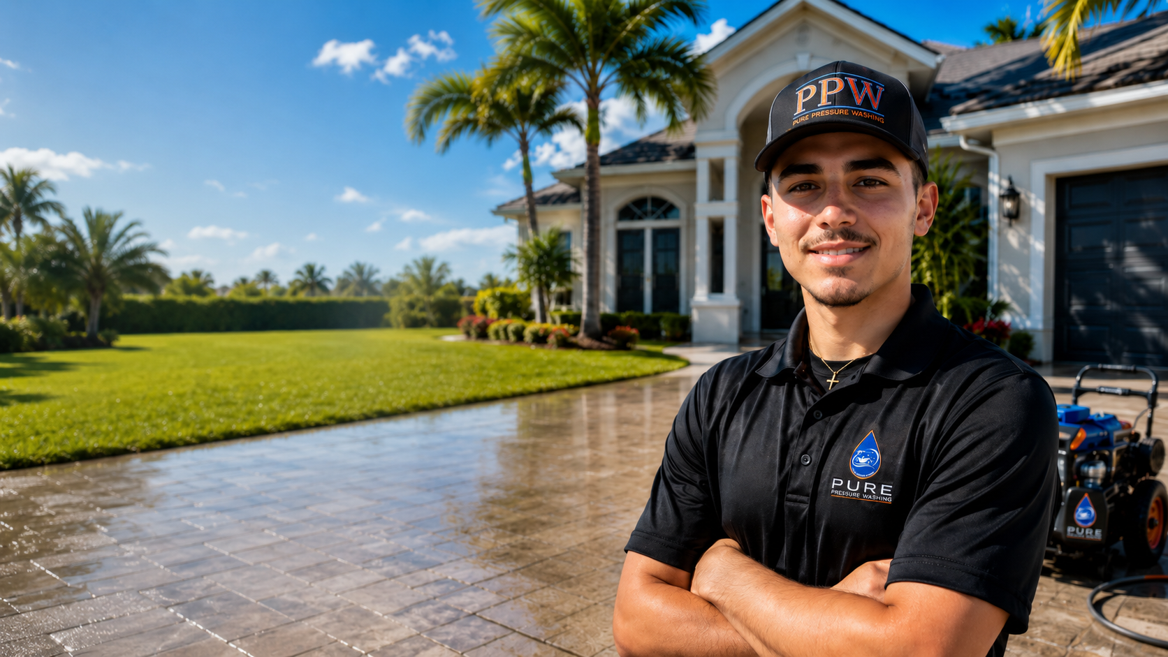 Owner of Pure Pressure Washing cleaning a Florida driveway